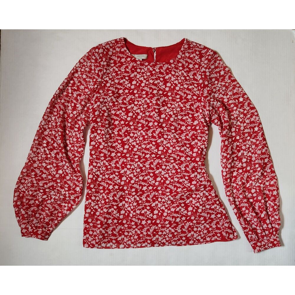 Hobbs London Red Floral Blouse Women’s US 4 Tie Waist Puff Sleeve
